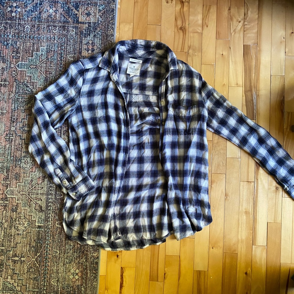 American Eagle Outfitters Navy and White Checkered Shirt